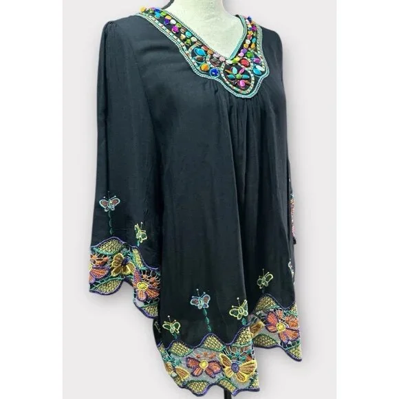 Womens Size‎ 1X Black Floral Embroidered Beaded Dopamine Dressing Hippie Retro - Picture 2 of 10